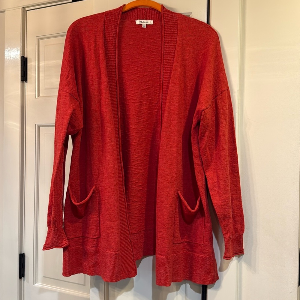 Madewell cardigan size XL in a bright rust color.